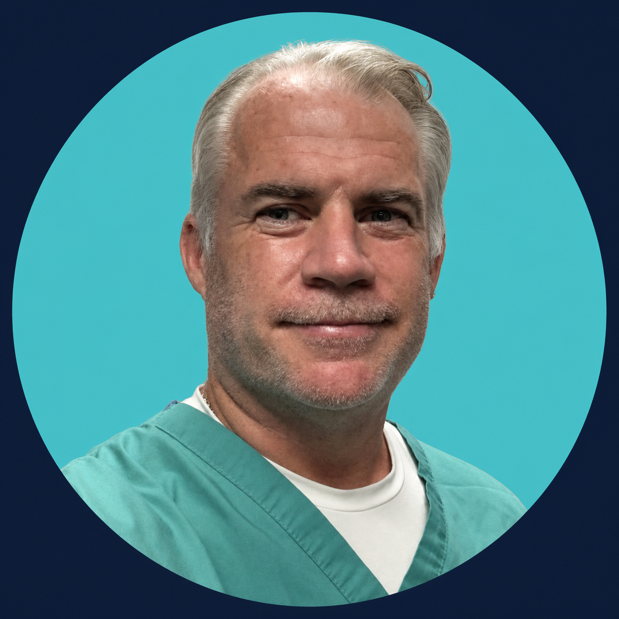 Instructor Headshot In Teal Circle On Navy Background