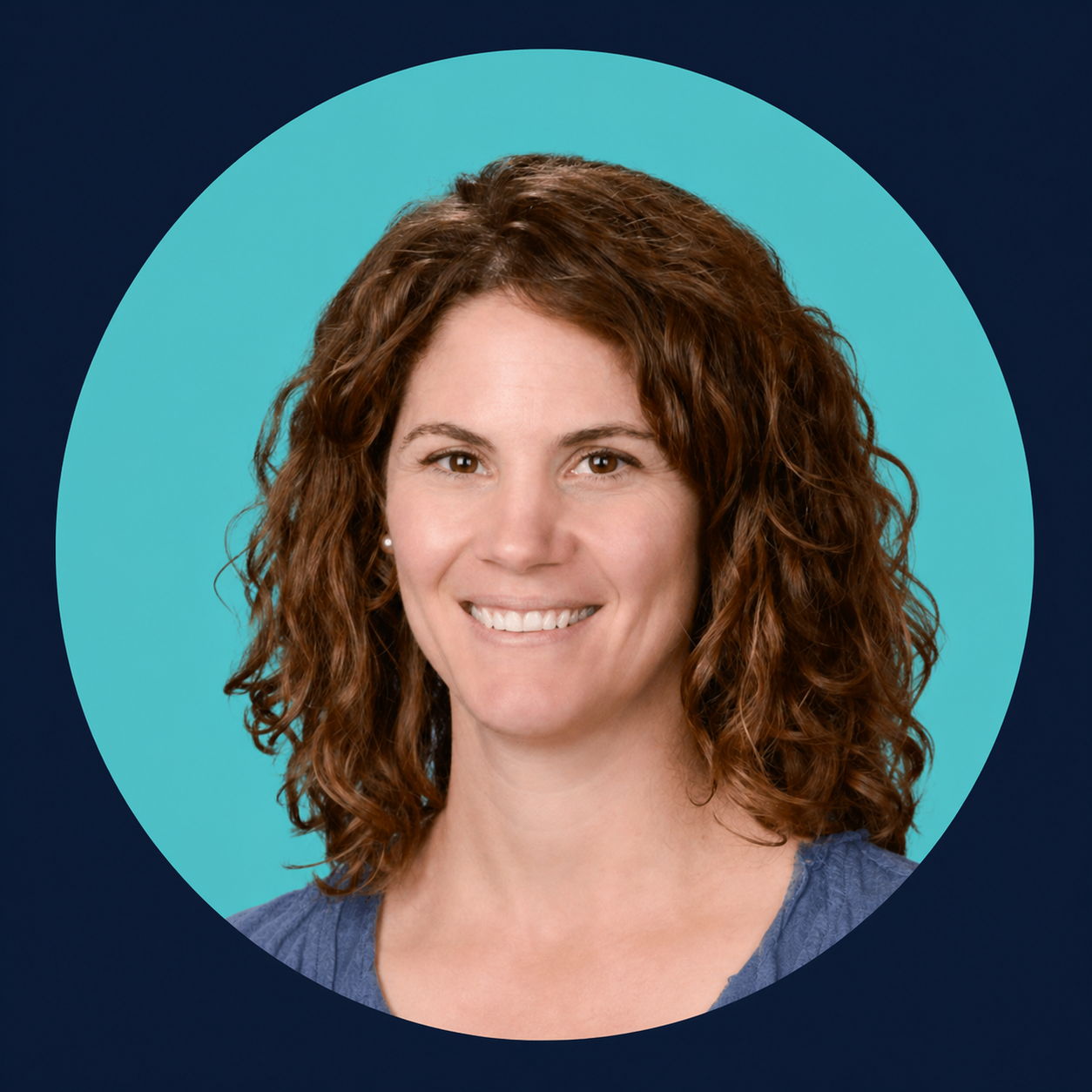 Headshot In Navy Frame With Teal Circle Background