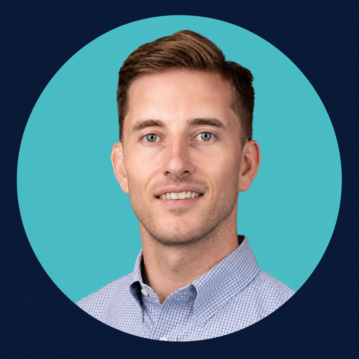 Headshot In Teal Circle With Navy Square Frame